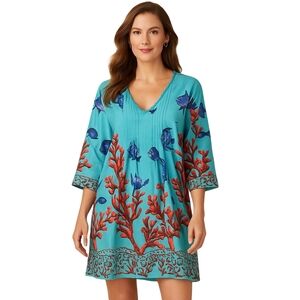 SOFT SURROUNDINGS Seychelles Tunic Dress Womens Medium Blue Fish Coral Beaded
